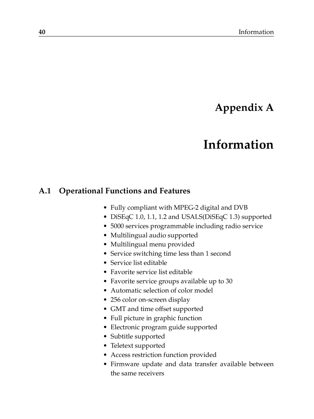 Topfield TF6000F user manual Information, Operational Functions and Features 