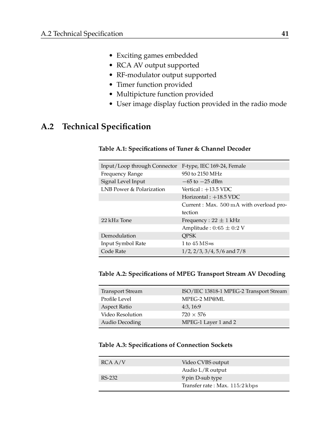 Topfield TF6000F user manual Technical Speciﬁcation, Table A.1 Speciﬁcations of Tuner & Channel Decoder 