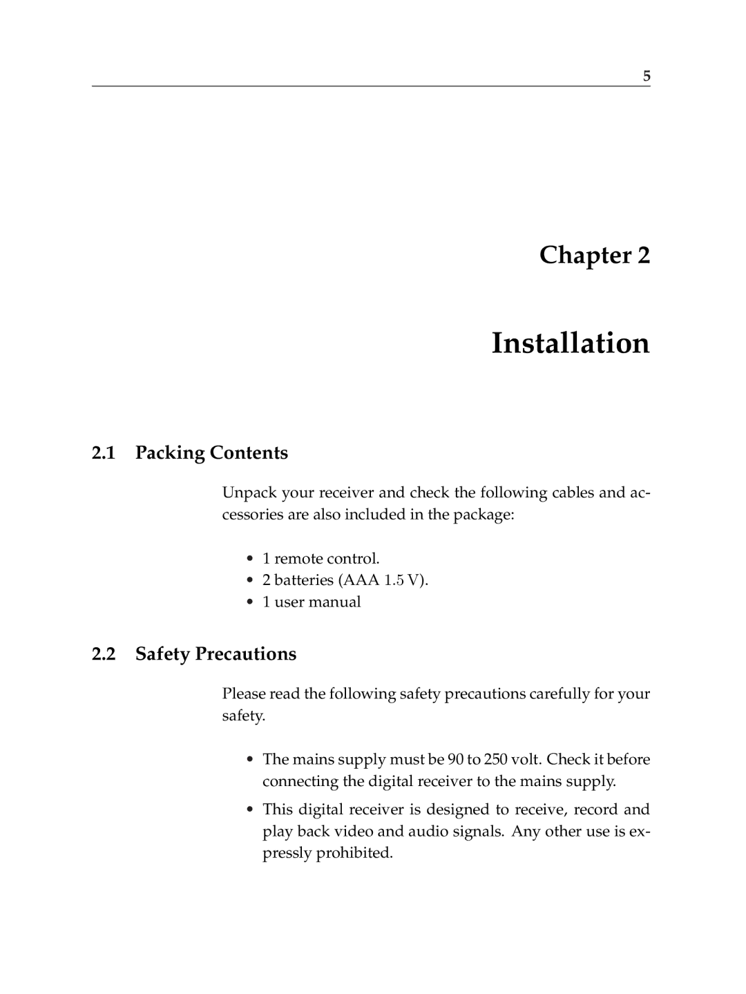 Topfield TF6000F user manual Installation, Packing Contents, Safety Precautions 