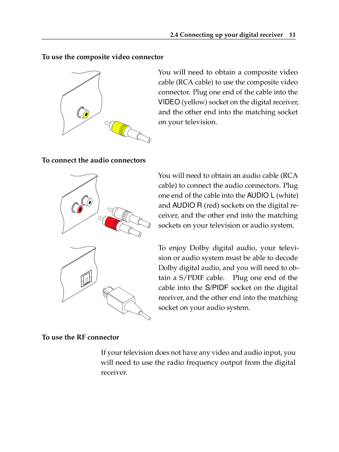 Topfield TF6400IR manual To use the composite video connector, To connect the audio connectors, To use the RF connector 