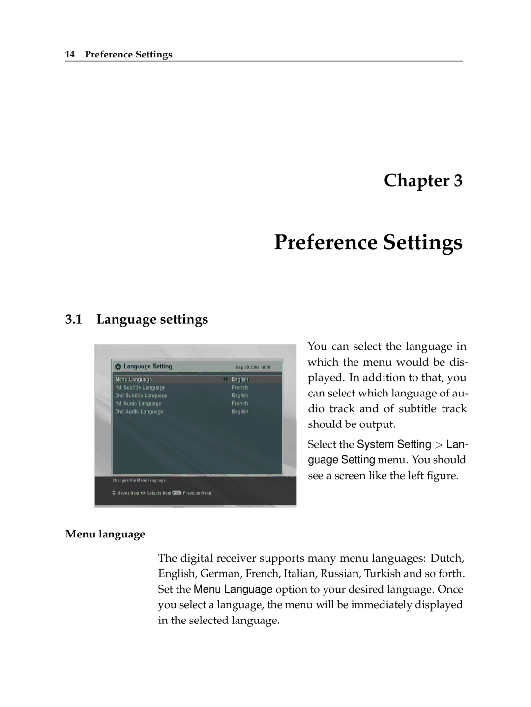 Topfield TF6400IR manual Preference Settings, Language settings, Menu language 