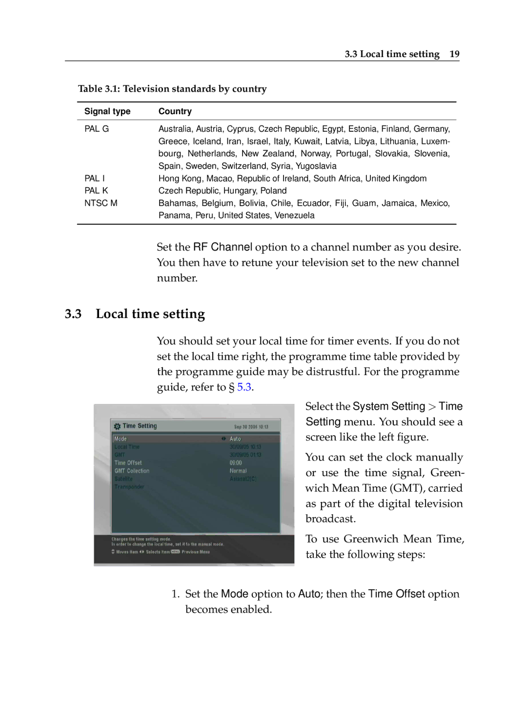 Topfield TF6400IR manual Local time setting, Television standards by country 