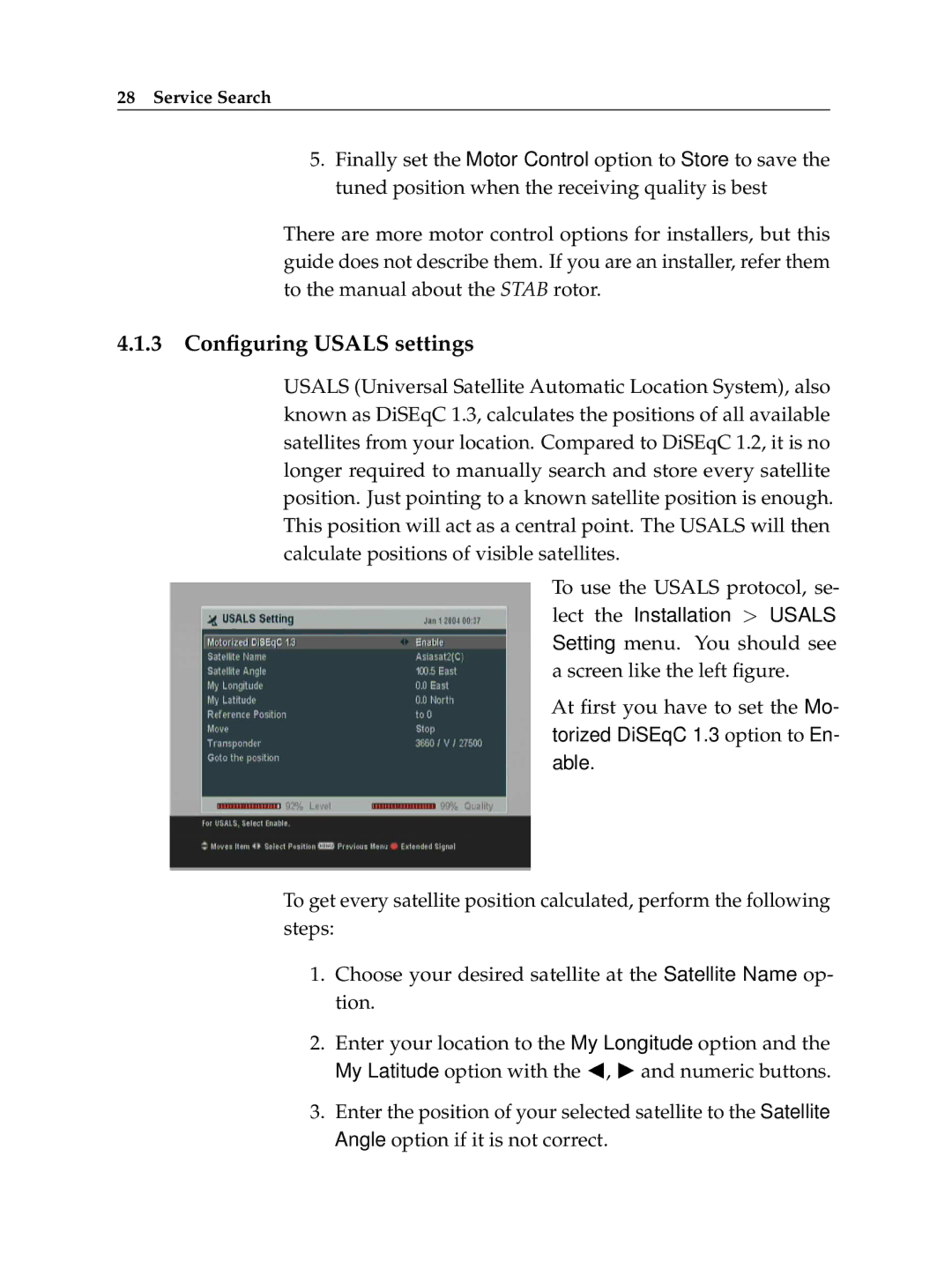 Topfield TF6400IR manual 3 Conﬁguring Usals settings 