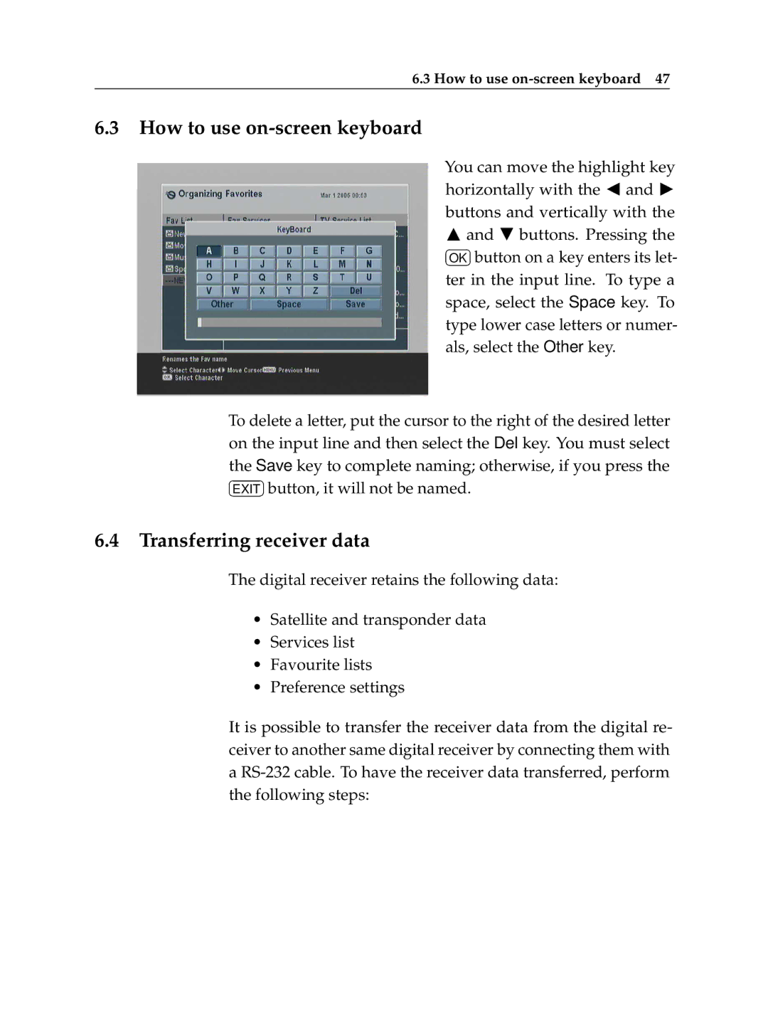 Topfield TF6400IR manual How to use on-screen keyboard, Transferring receiver data 