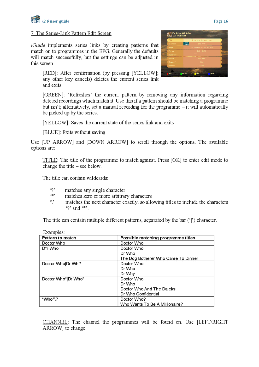 Topfield v2.0 manual Pattern to match Possible matching programme titles 