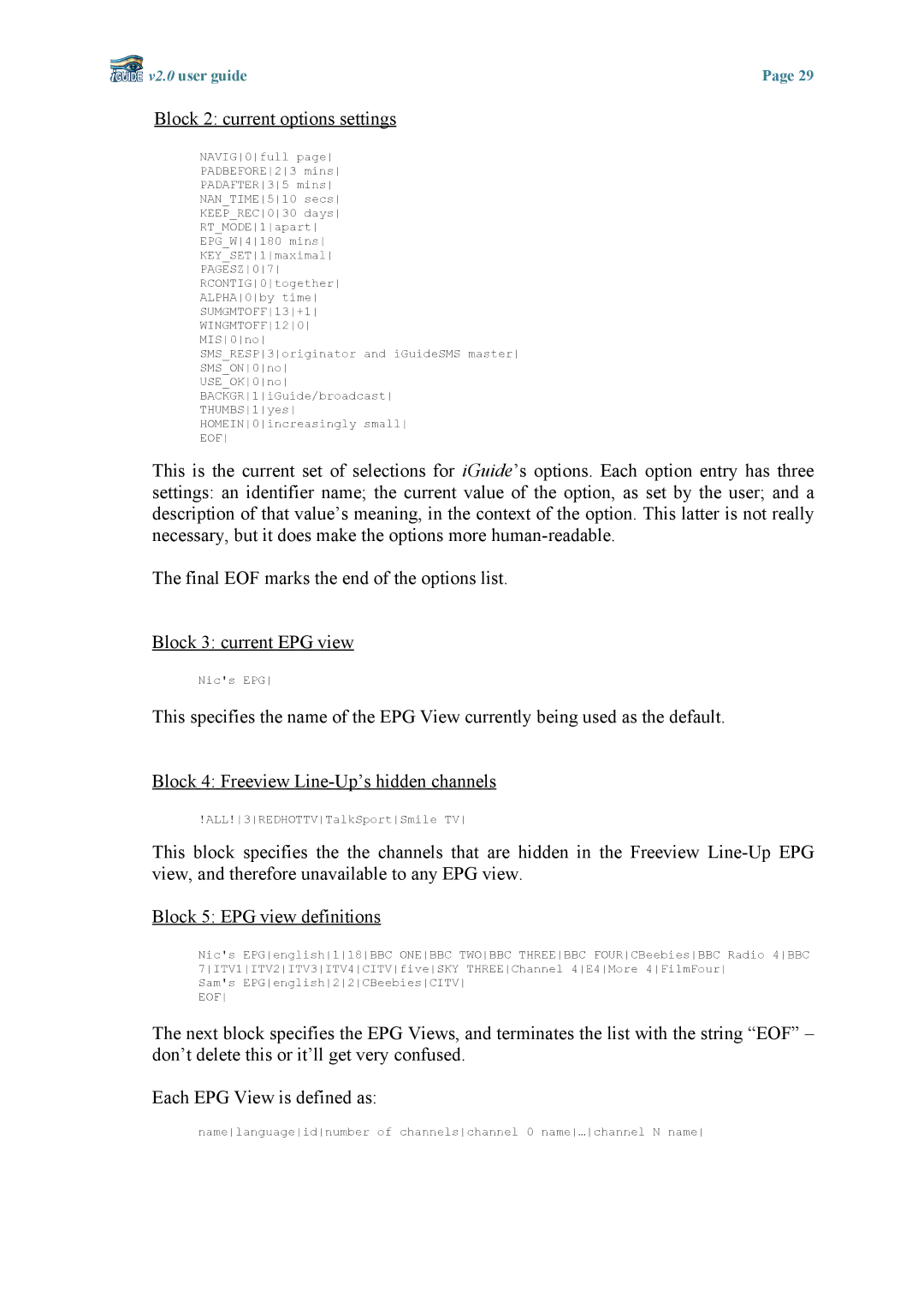 Topfield v2.0 manual Block 2 current options settings 