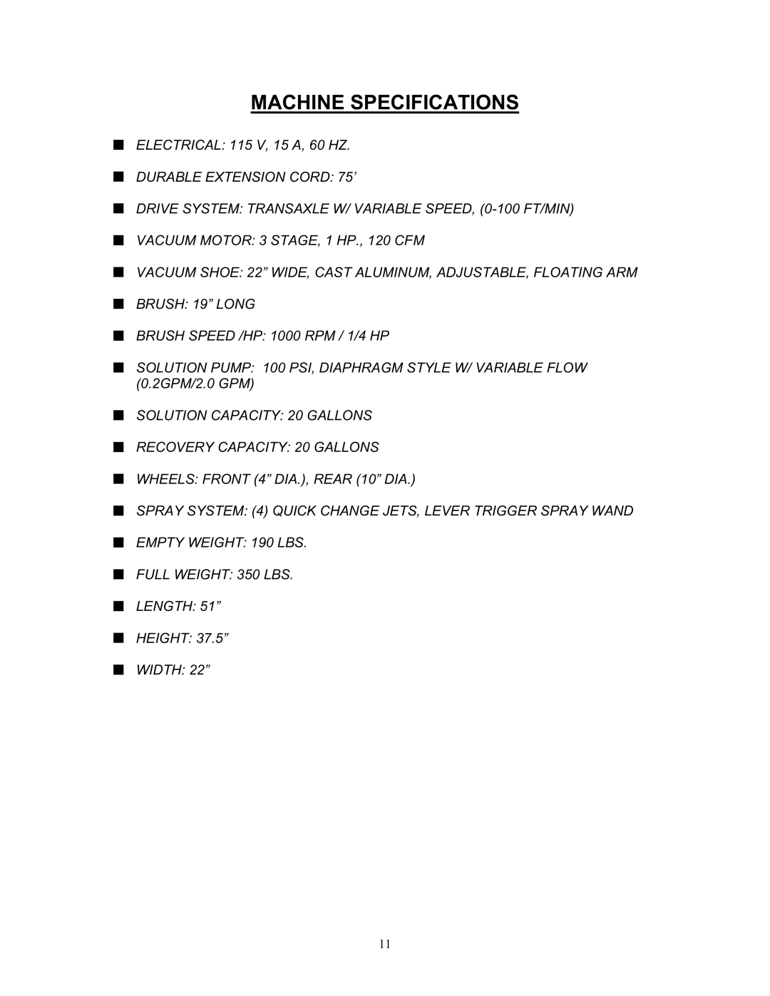 Tornado 98190 manual Machine Specifications 