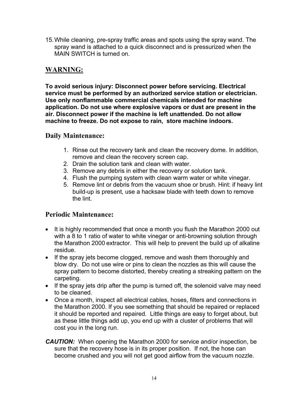 Tornado 98190 manual Daily Maintenance, Periodic Maintenance 