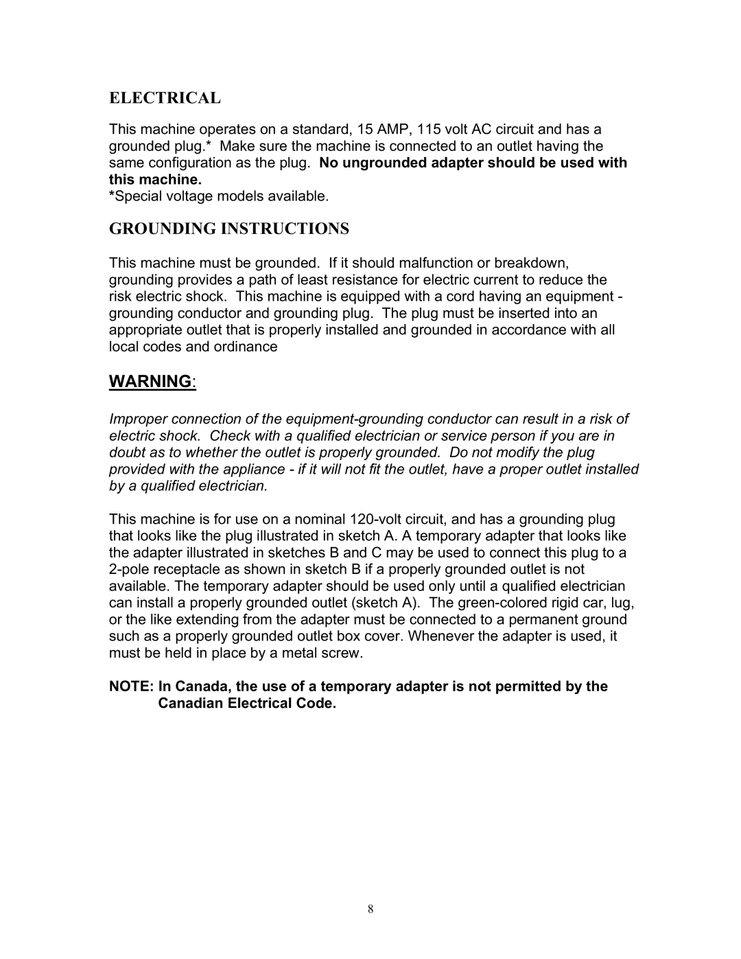 Tornado 98190 manual Electrical, Grounding Instructions 