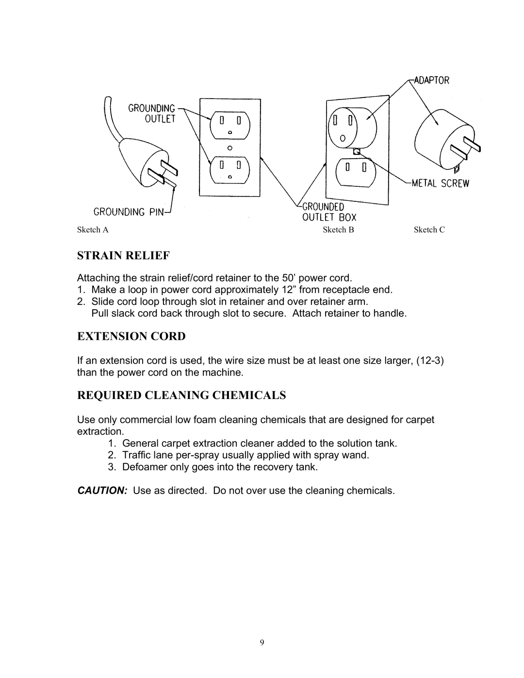 Tornado 98190 manual Strain Relief, Extension Cord, Required Cleaning Chemicals 