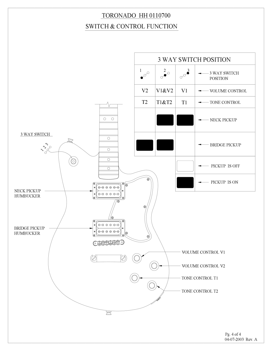 Tornado HH 0110700 manual Switch & Control Function WAY Switch Position, V1&V2, T1&T2 