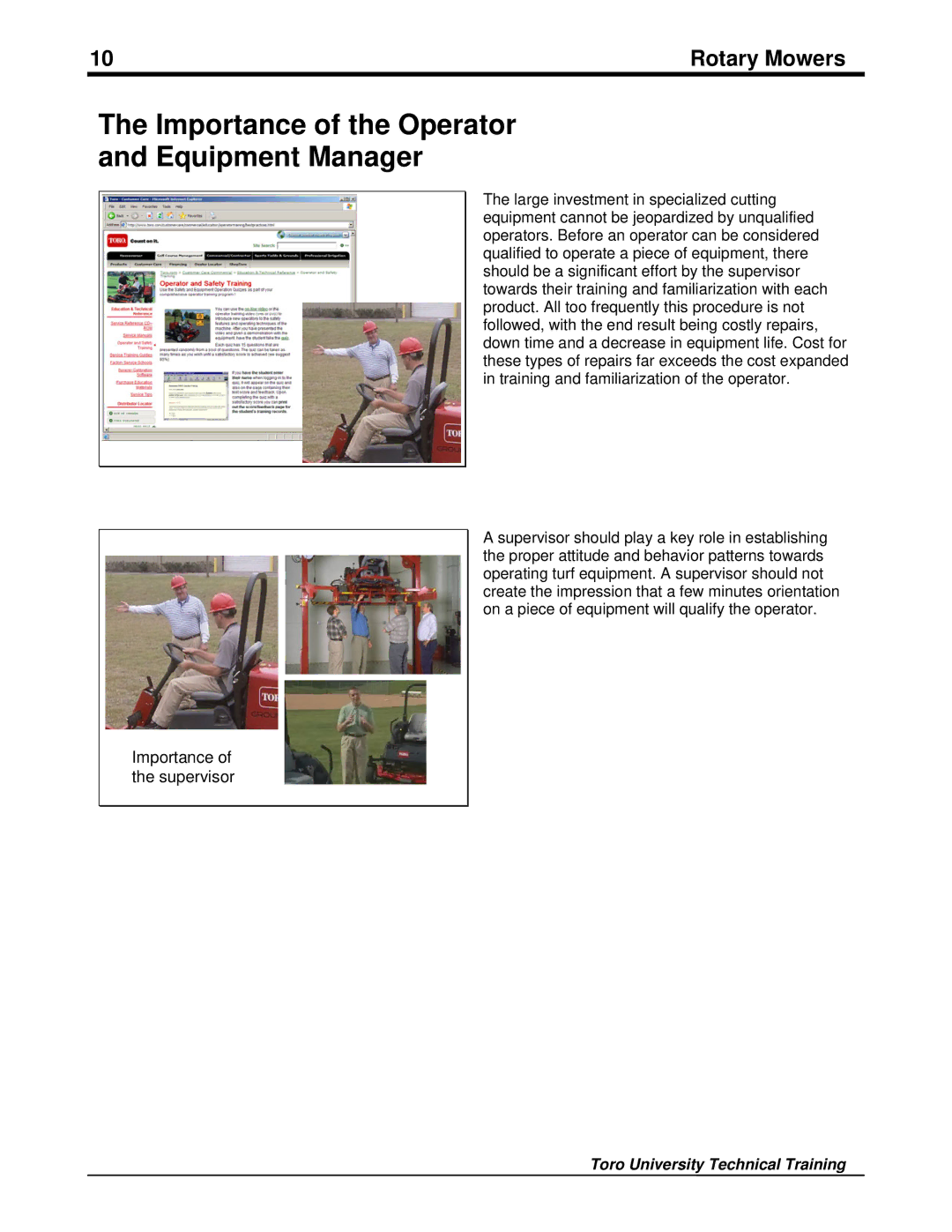 Toro 09167SL manual Importance of the Operator Equipment Manager, Importance of the supervisor 