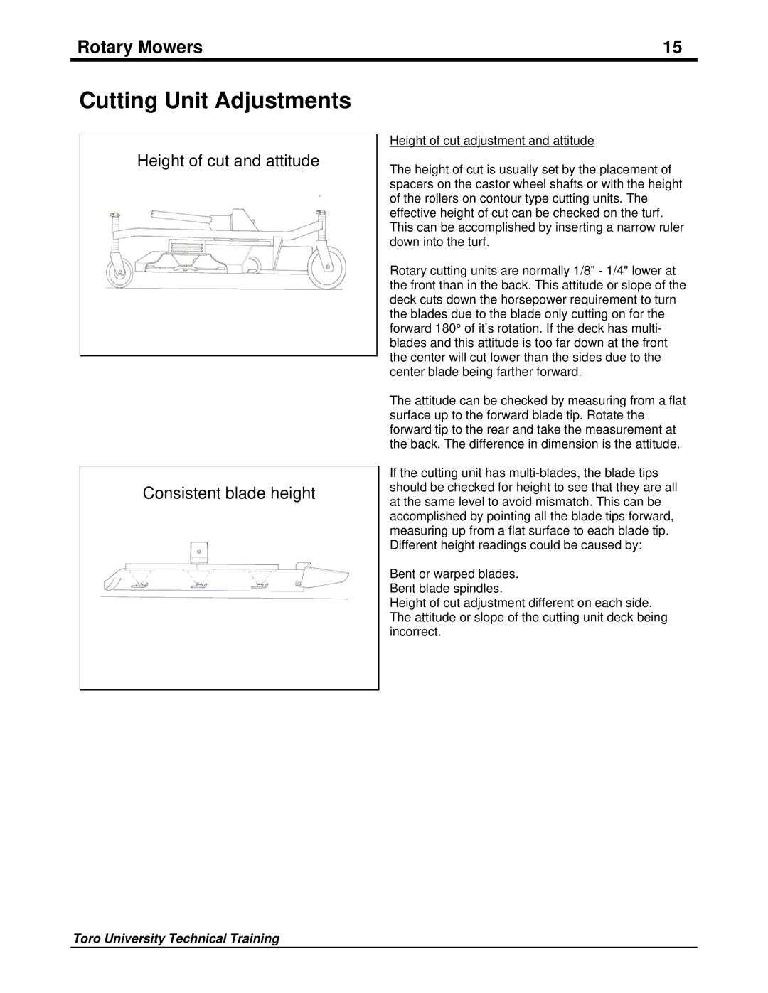 Toro 09167SL manual Cutting Unit Adjustments, Height of cut and attitude Consistent blade height 