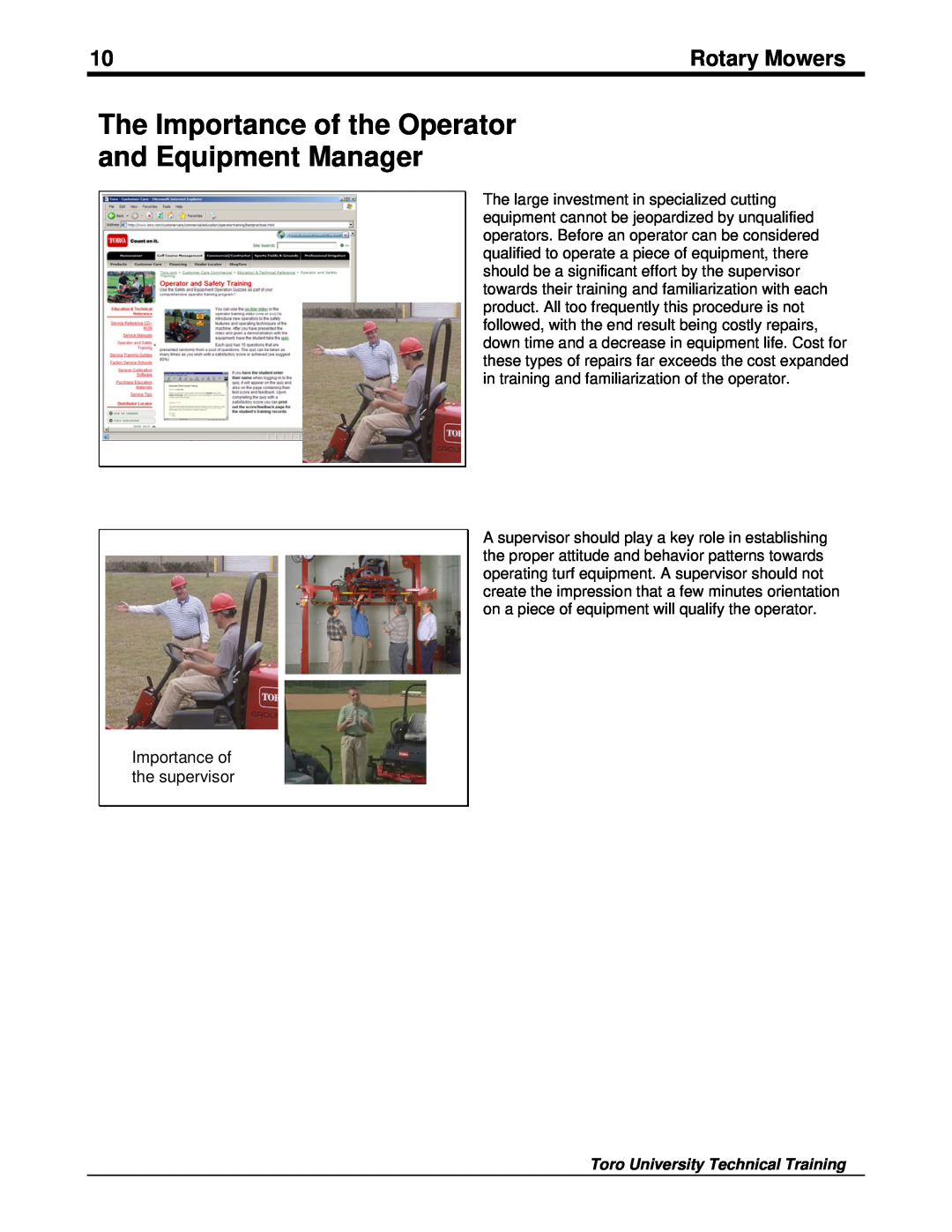 Toro 09167SL manual The Importance of the Operator, and Equipment Manager, Rotary Mowers, Importance of the supervisor 