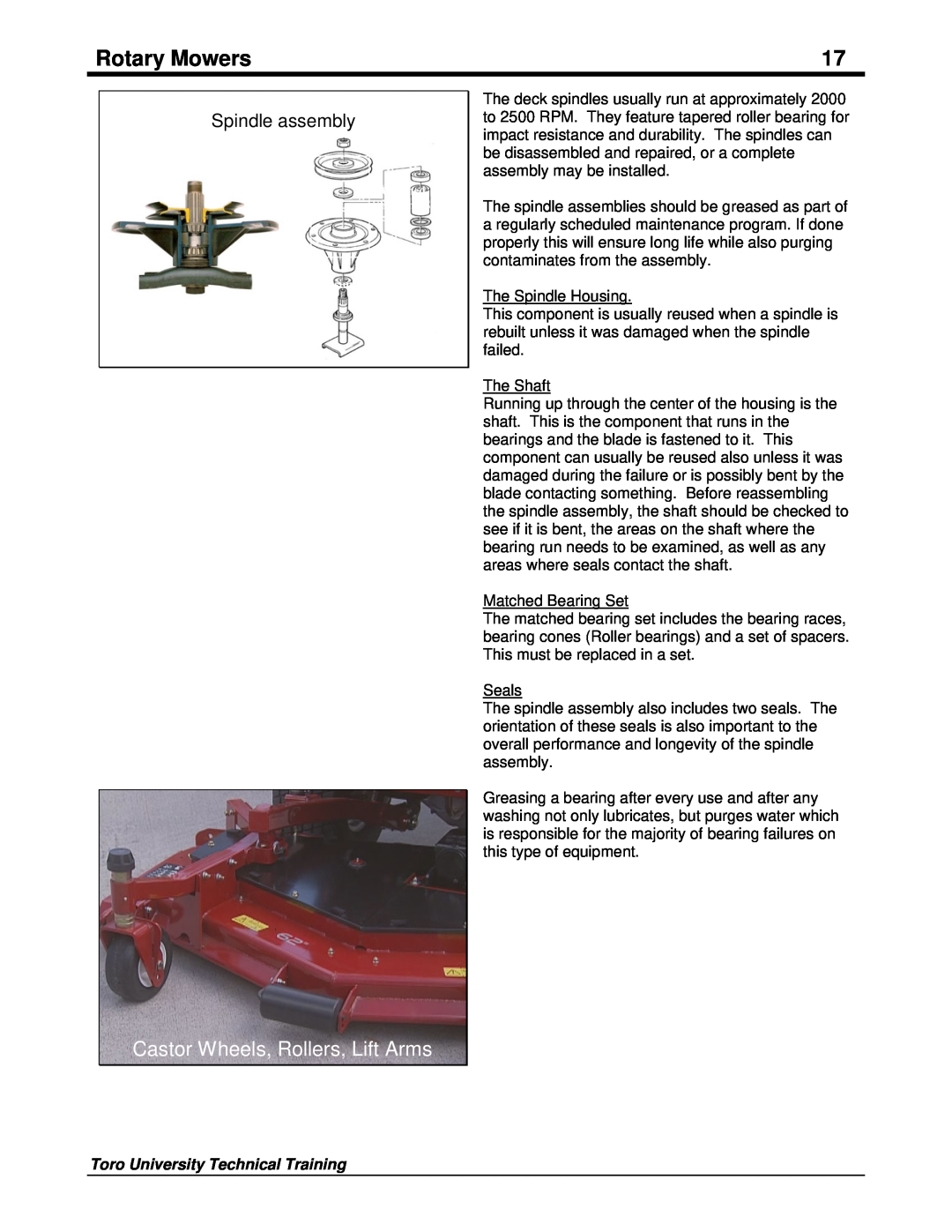 Toro 09167SL manual Rotary Mowers, Castor Wheels, Rollers, Lift Arms, Toro University Technical Training 