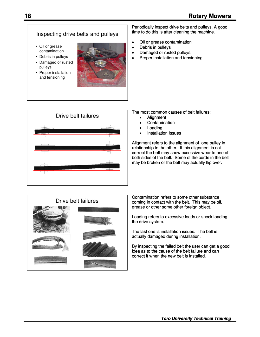 Toro 09167SL Inspecting drive belts and pulleys, Drive belt failures, Rotary Mowers, Toro University Technical Training 