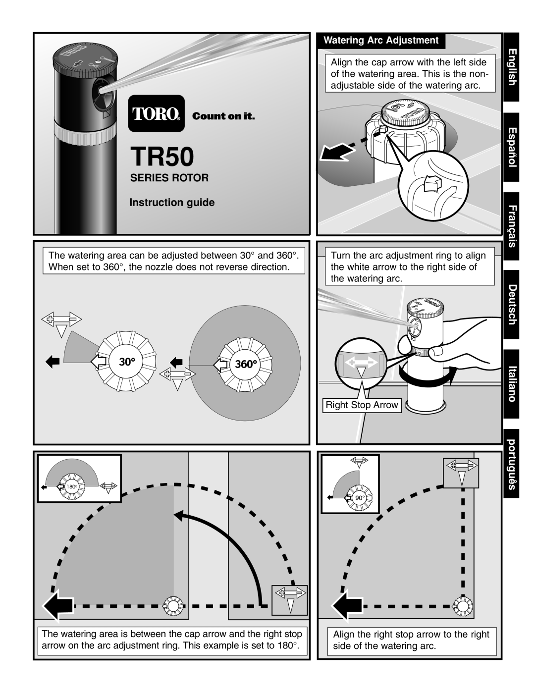 Toro 102-2802 manual Watering Arc Adjustment, TR50, Series Rotor, Instruction guide, English Español Français 