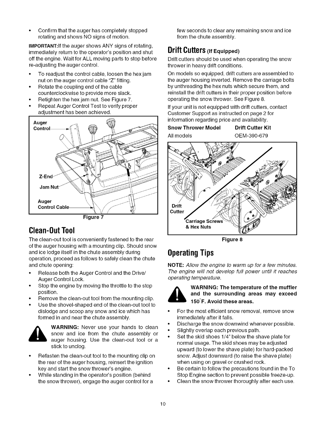 Toro 1130, 1028 manual DriftCutters Equipped, Snow Thrower Model Drift Cutter Kit All models OEM-390-679, Auger 