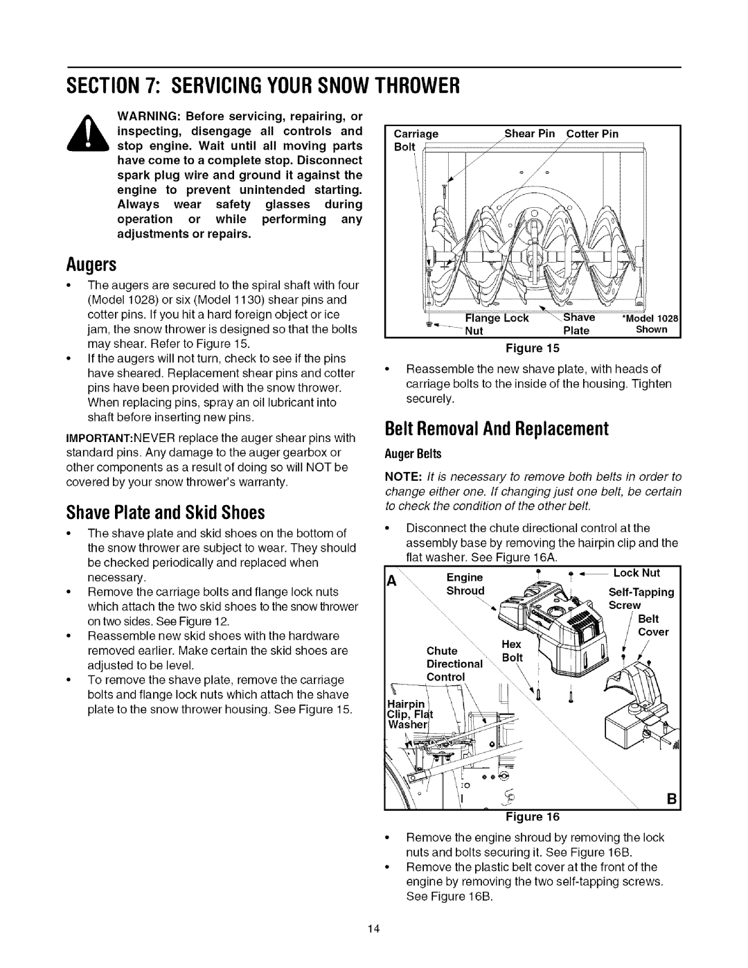 Toro 1130, 1028 manual Servicingyoursnowthrower, Augers, ShavePlateandSkid Shoes, BeltRemovalAndReplacement 