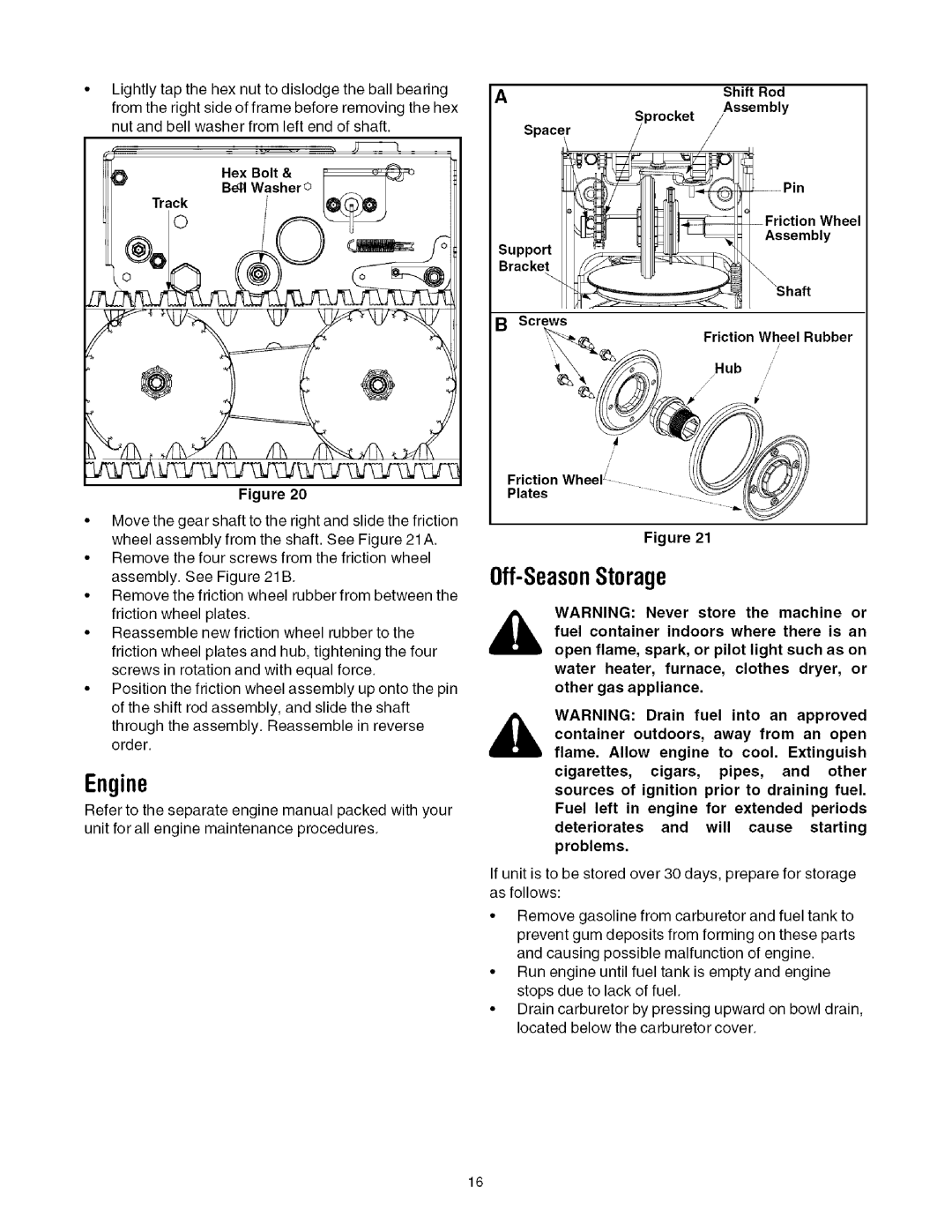 Toro 1130, 1028 manual Engine, 0ff-Seas0nStorage, Track, Friction Wheel Rubber Hub 