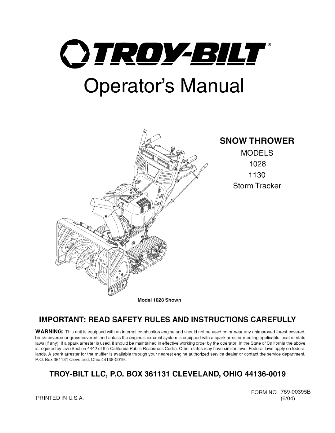 Toro manual Snow Thrower, Operators Manual, MODELS 1028 1130 Storm Tracker 