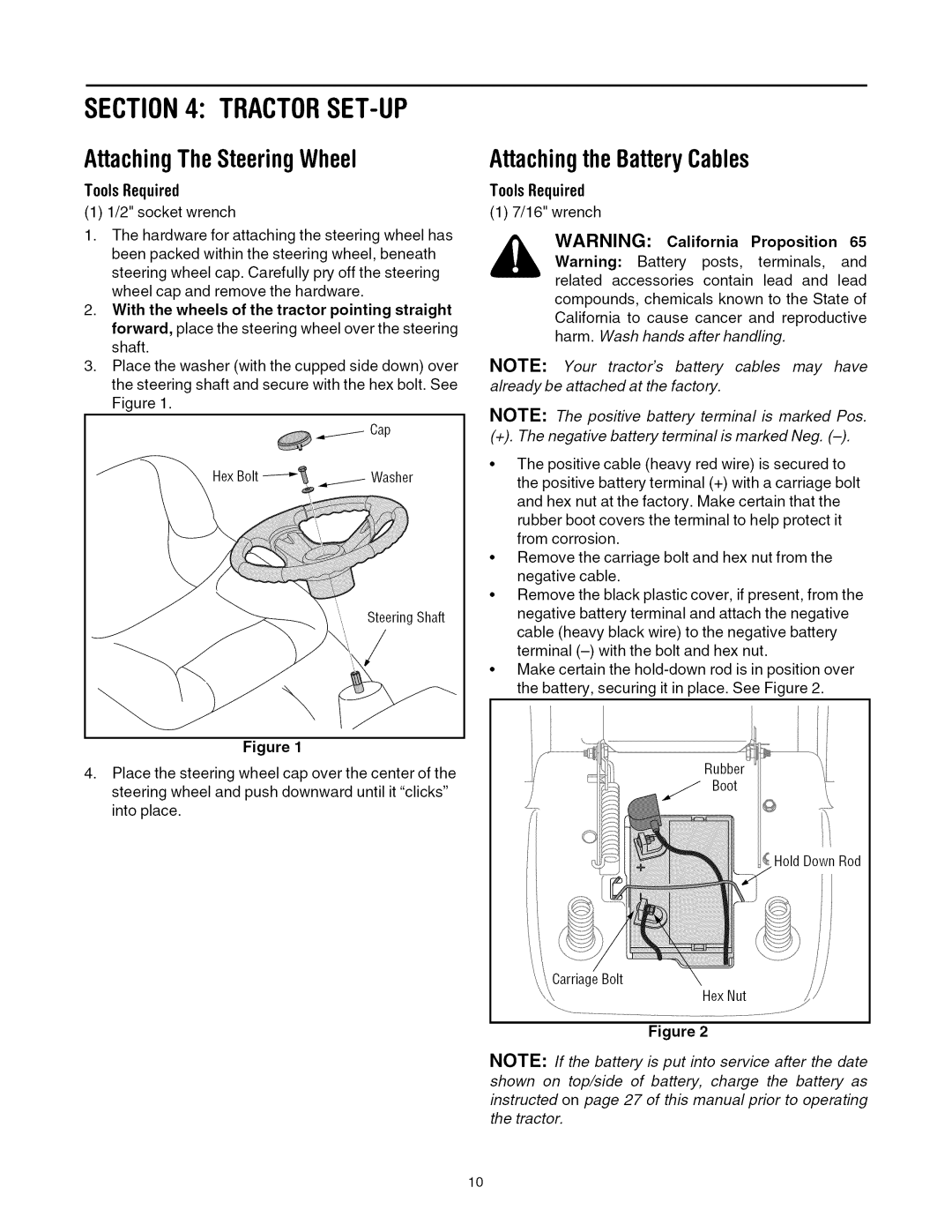 Toro 13AX60RG744, 13AX60RH744 manual Tractorset-Up, AttachingTheSteeringWheel, AttachingtheBatteryCables, Tools Required 