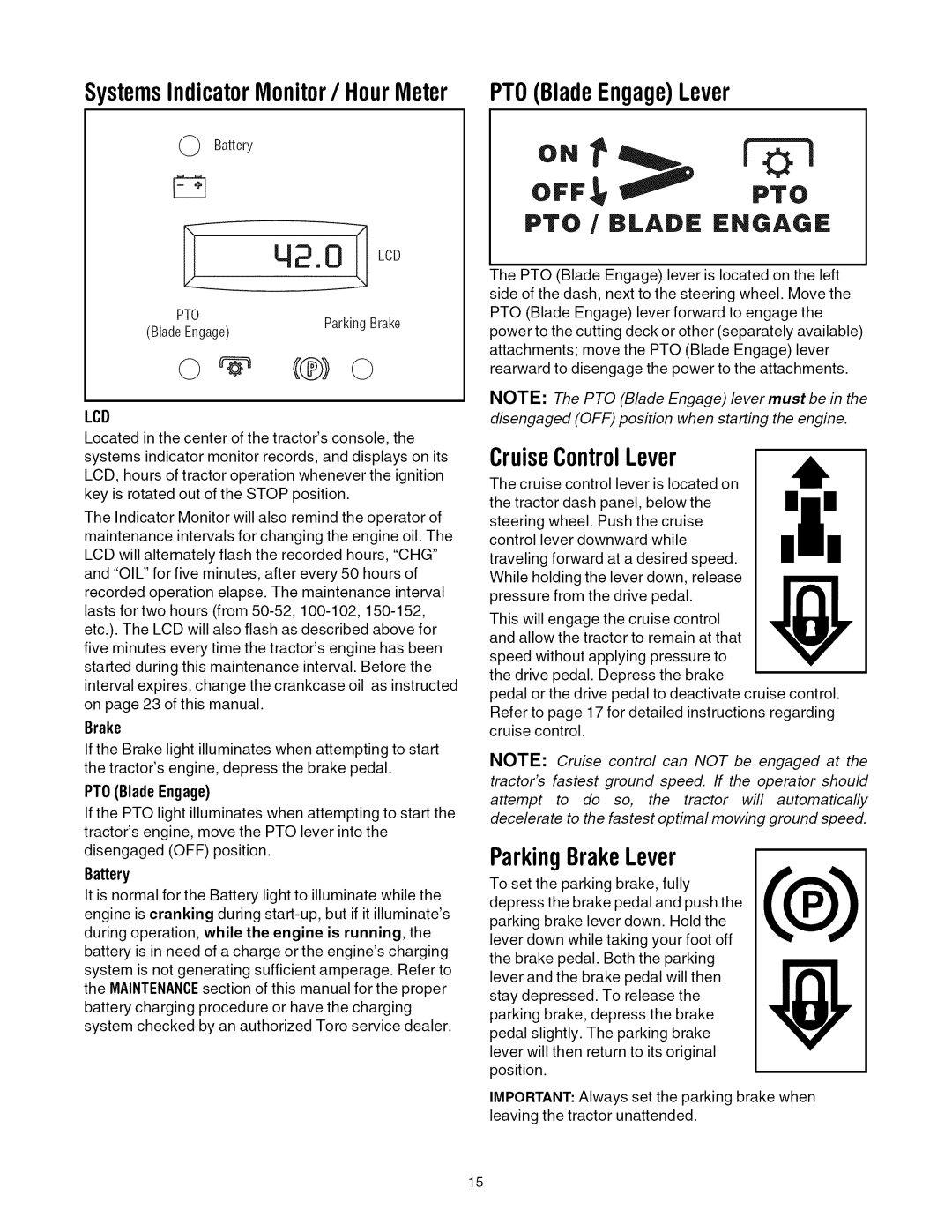 Toro 13AX60RH744 manual SystemsIndicatorMonitor/ HourMeter, PTOBladeEngageLever, CruiseControlLever, ParkingBrakeLever 