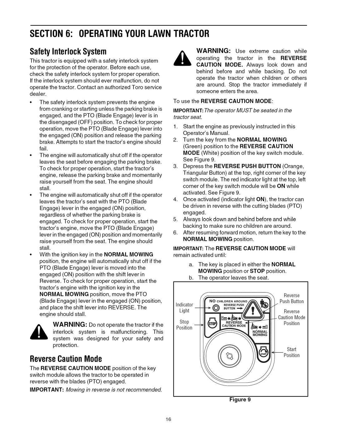 Toro 13AX60RG744, 13AX60RH744 manual Operatingyourlawntractor, SafetyInterlockSystem, ReverseCautionMode, Indicator 