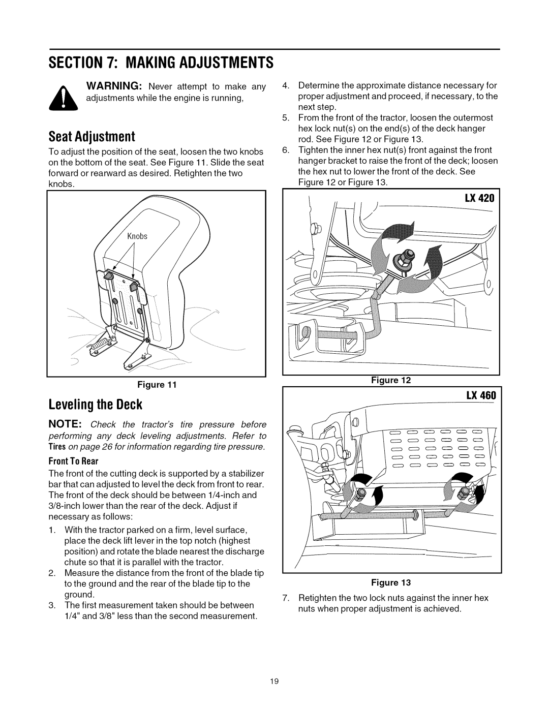 Toro 13AX60RH744, 13AX60RG744 manual Makingadjustments, SeatAdjustment, LevelingtheDeck, Front To Rear 