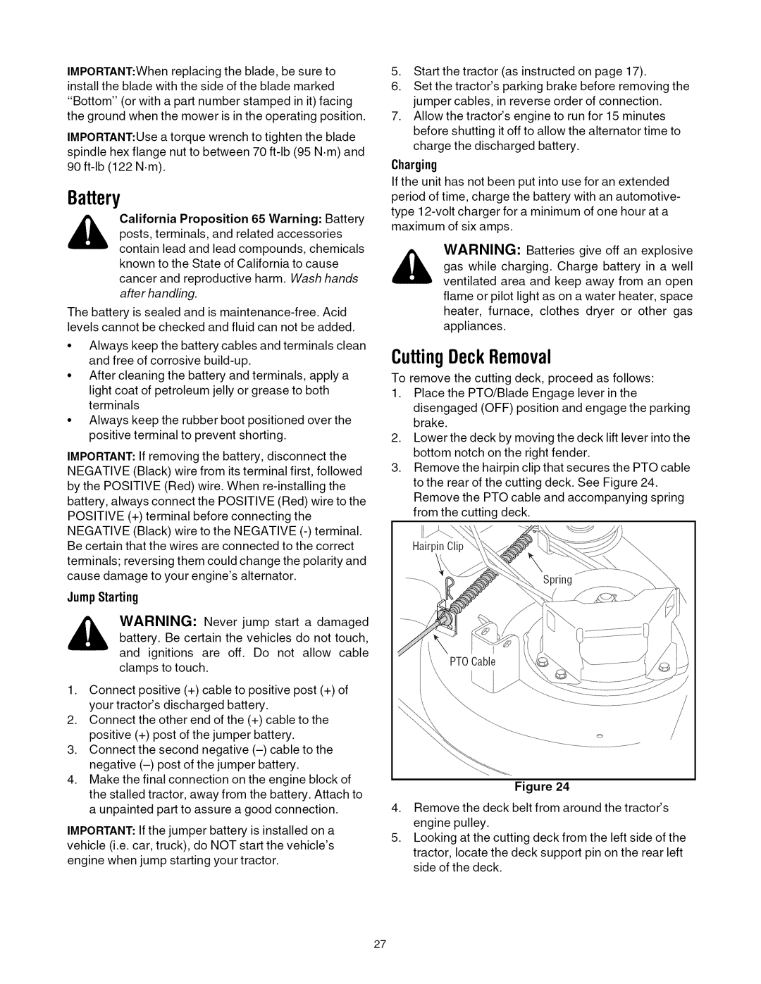 Toro 13AX60RH744, 13AX60RG744 manual Battery, CuttingDeckRemoval, Jump Starting, Charging 