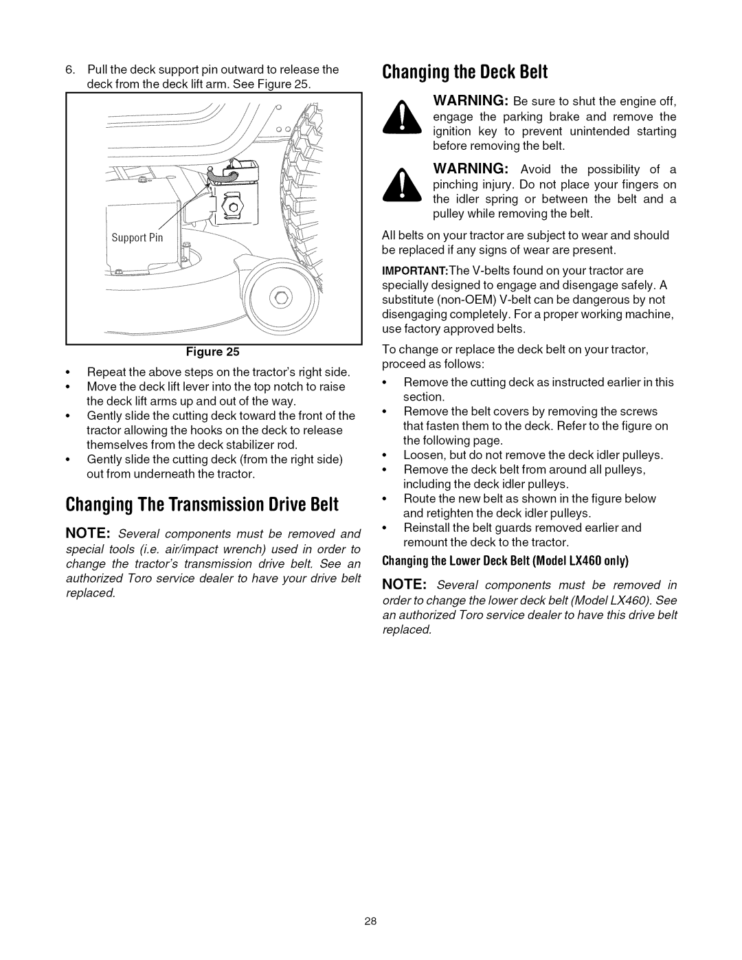 Toro 13AX60RG744 manual ChangingTheTransmissionDriveBelt ChangingtheDeckBelt, Changingthe Lower DeckBelt Model LX460 only 