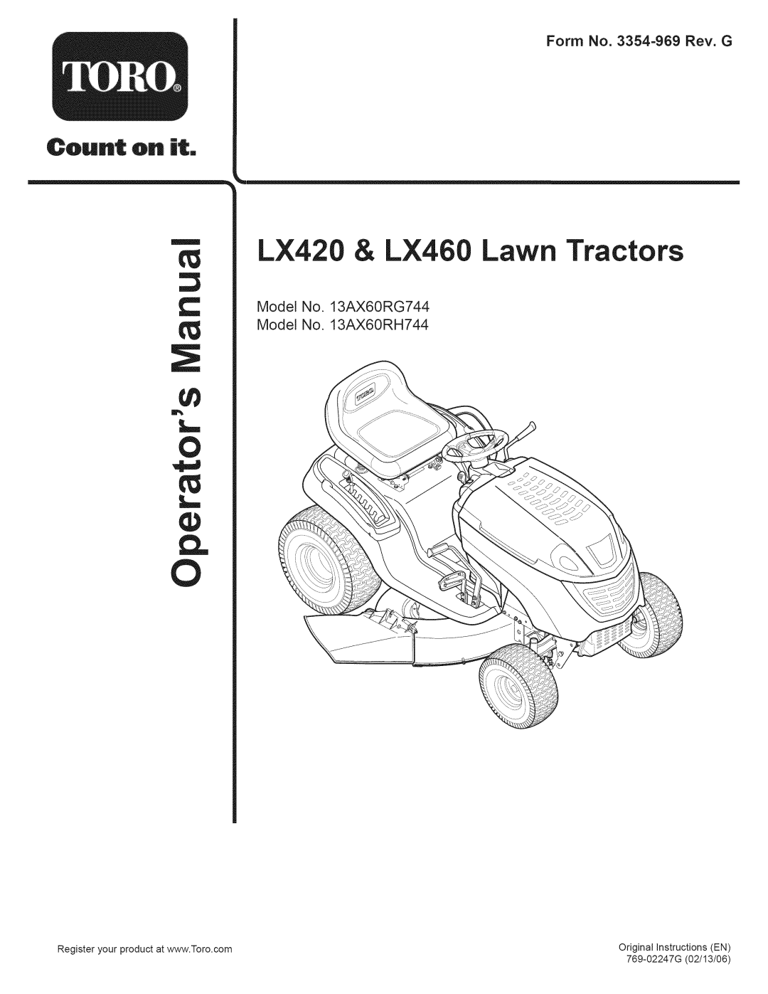 Toro manual LX420 & LX460 Lawn Tractors, Form No. 3354=969 Rev. G, Model No. 13AX60RG744 Model No. 13AX60RH744 