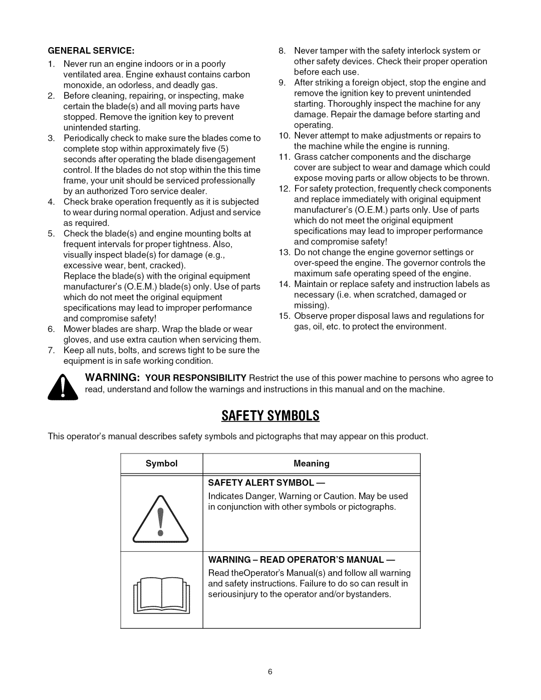 Toro 13AX60RG744, 13AX60RH744 manual Safetysymbols, Warning - Read Operators Manual 
