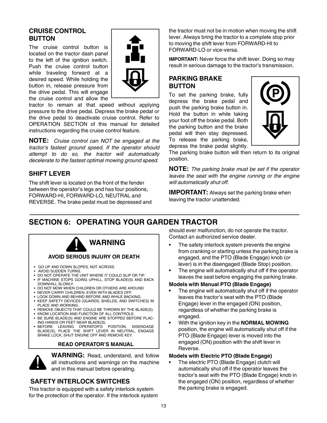 Toro 14AP80RP544 manual Operating Your Garden Tractor, Cruise Control Button, Shift Lever, Parking Brake Button 