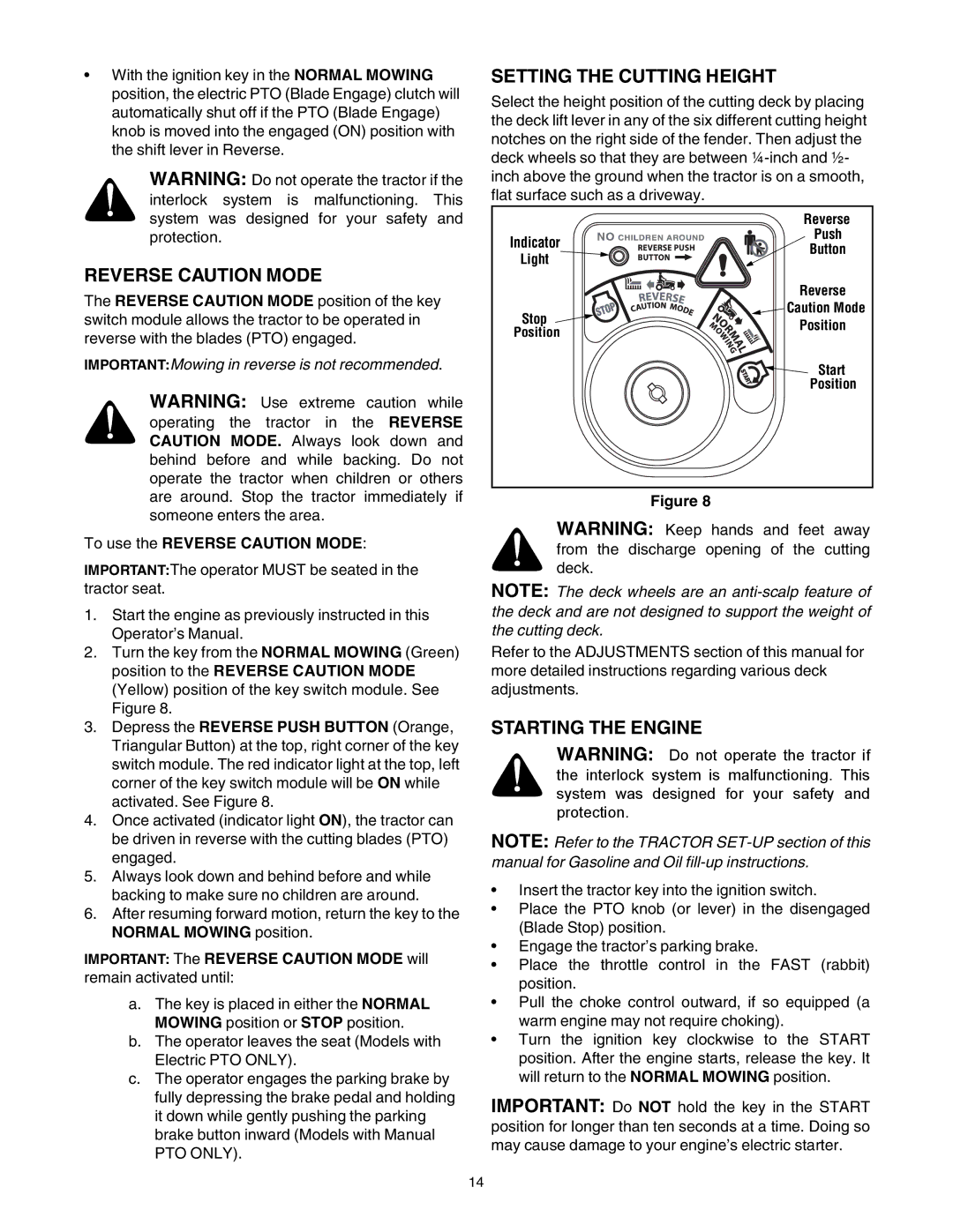 Toro 14AP80RP544 manual Setting the Cutting Height, Starting the Engine, To use the Reverse Caution Mode 