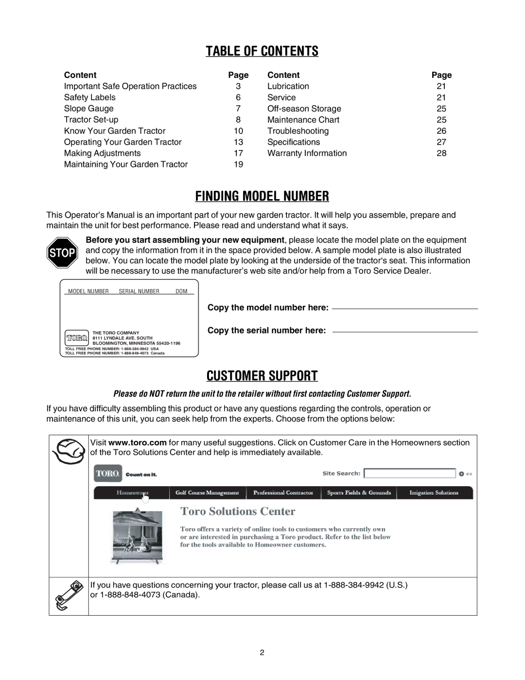 Toro 14AP80RP544 manual Table of Contents 