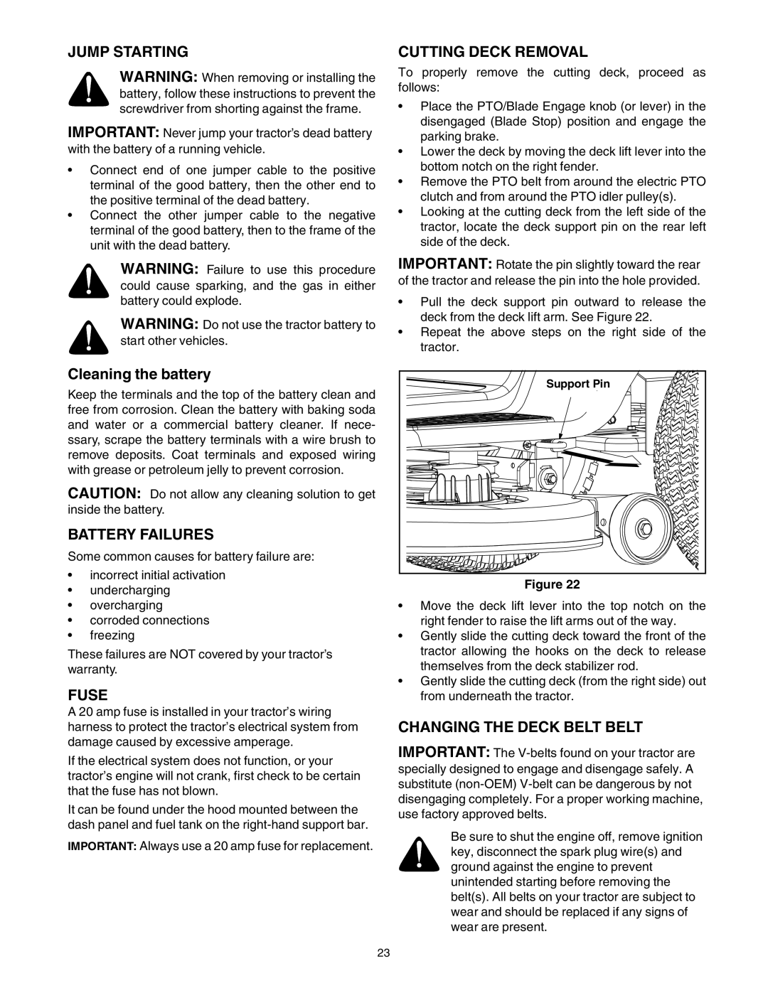 Toro 14AP80RP544 manual Jump Starting, Battery Failures, Fuse, Cutting Deck Removal, Changing the Deck Belt Belt 