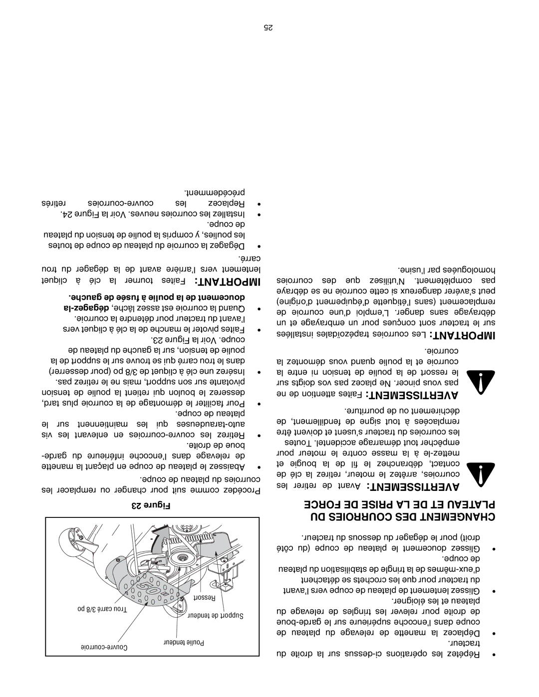 Toro 14AP80RP544 manual Avertissement, Force DE Prise LA DE ET Plateau, DU Courroies DES Changement 