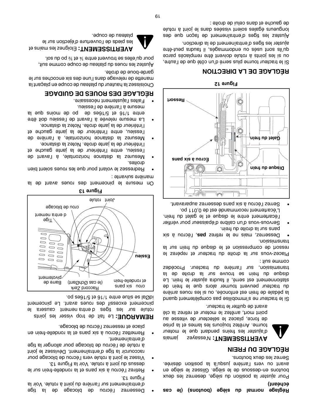 Toro 14AP80RP544 manual ’essayez Avertissement, Guidage DE Roues DES Réglage, Direction LA DE Réglage, Frein DU Réglage 