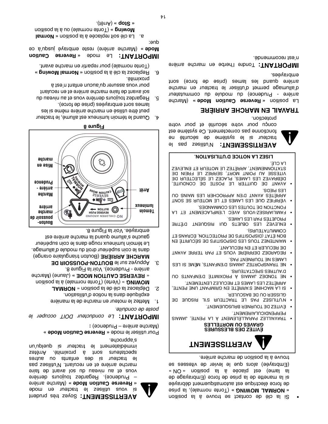 Toro 14AP80RP544 manual Avertissement, Arrière Marche EN Travail 