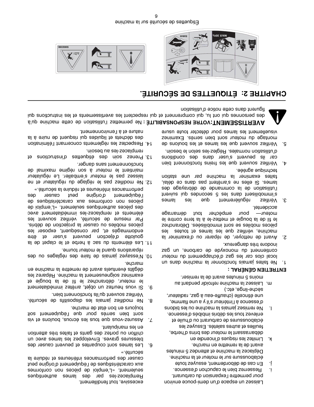 Toro 14AP80RP544 manual Sécurité DE Étiquettes 2 Chapitre, Machine la sur sécurité de Étiquettes, Général Entretien 