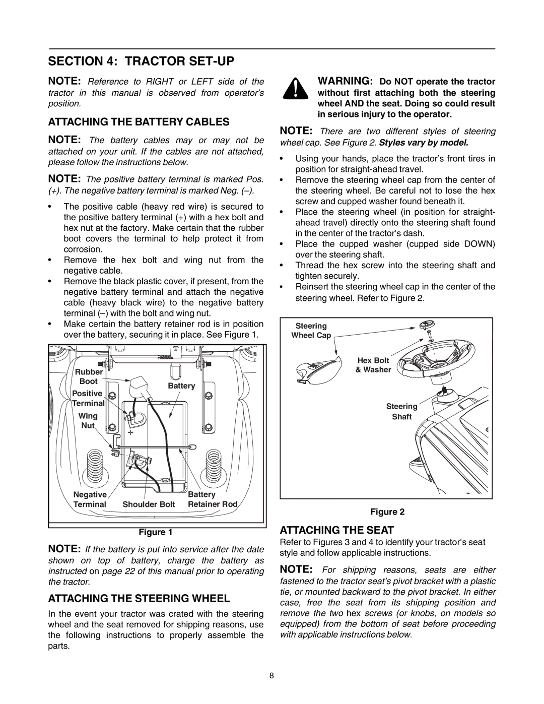 Toro 14AP80RP544 manual Tractor SET-UP, Attaching the Battery Cables, Attaching the Steering Wheel, Attaching the Seat 