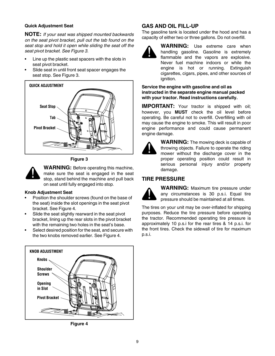 Toro 14AP80RP544 manual GAS and OIL FILL-UP, Tire Pressure, Quick Adjustment Seat, Knob Adjustment Seat 