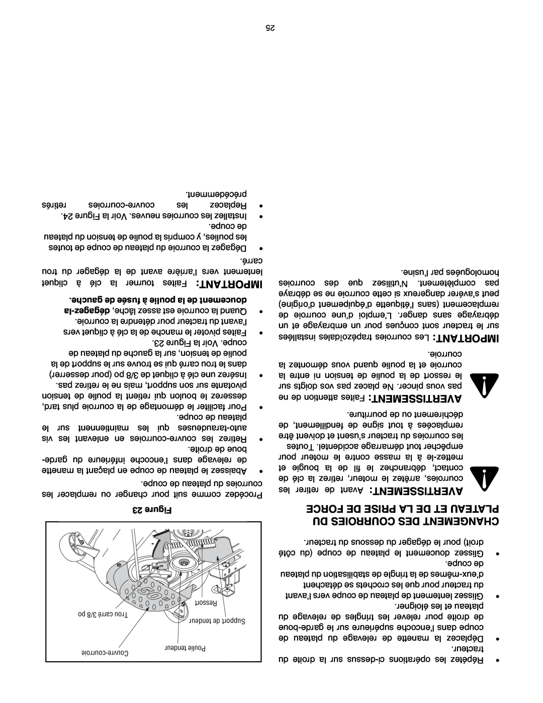 Toro 14AP80RP544 manual Avertissement, Force De Prise La De Et Plateau, Du Courroies Des Changement, Figure 