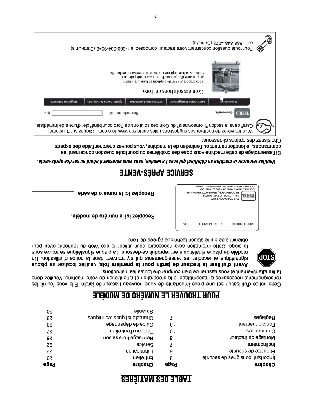 Toro 14AP80RP544 manual Modèle De Numéro Le Trouver Pour, Matières Des Table, Chapitre, Toro de solutions des Coin, Page 