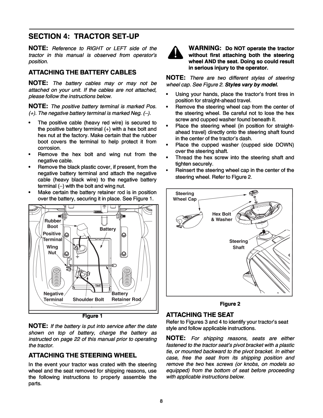 Toro 14AP80RP544 manual Tractor Set-Up, Attaching The Battery Cables, Attaching The Steering Wheel, Attaching The Seat 