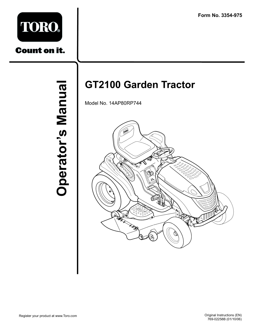 Toro 14AP80RP744 manual GT2100 Garden Tractor 