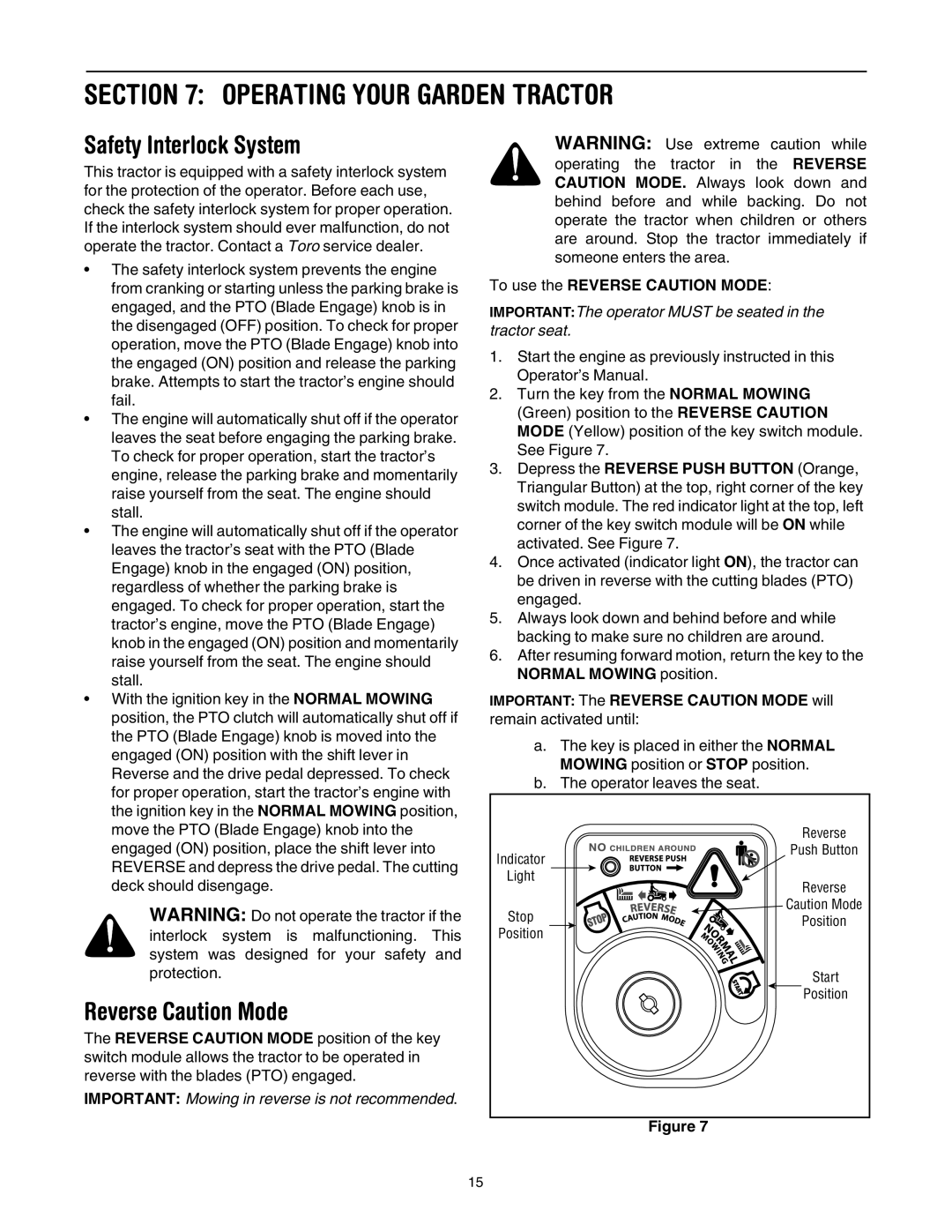 Toro 14AP80RP744 manual Operating Your Garden Tractor, Safety Interlock System, Reverse Caution Mode 