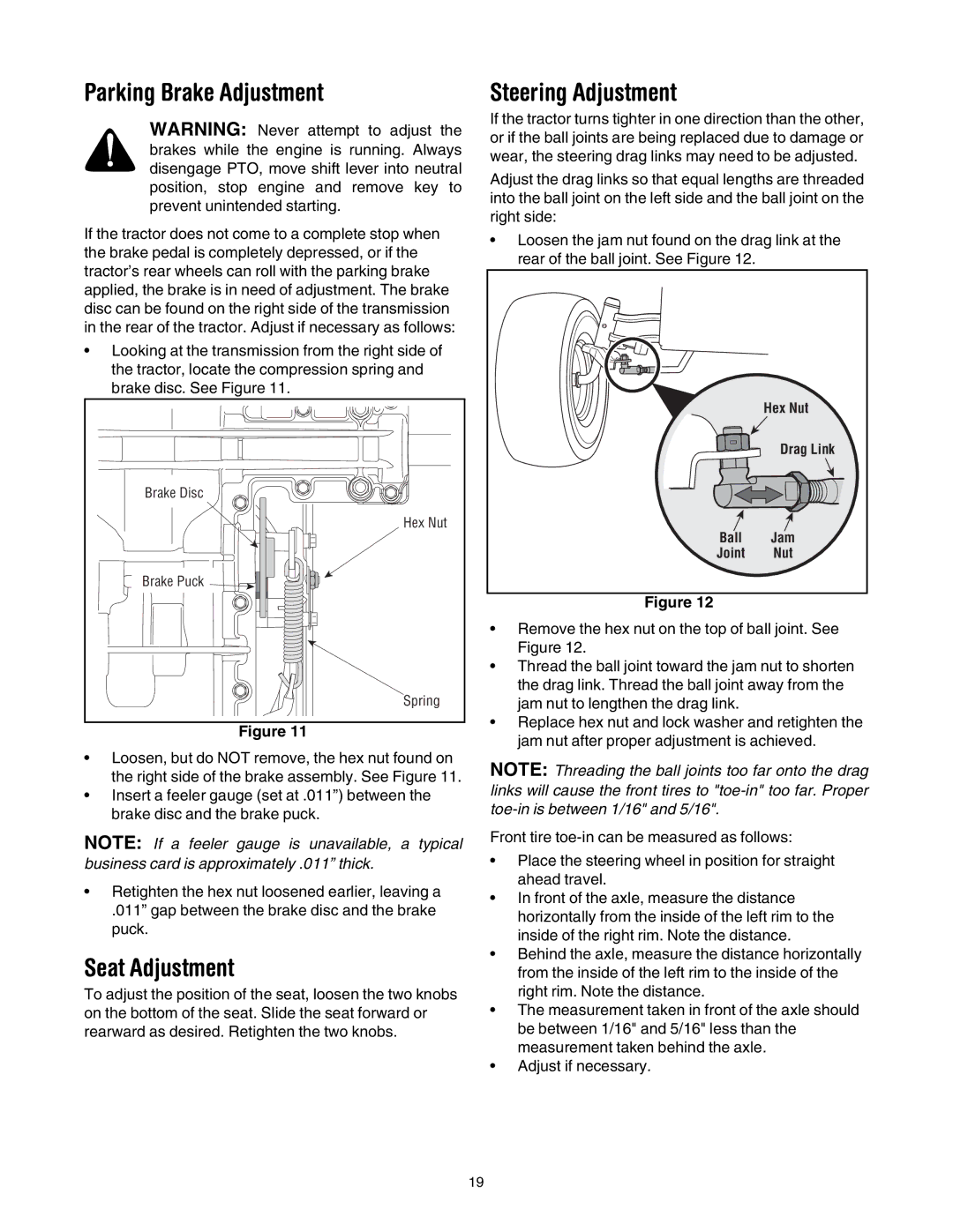 Toro 14AP80RP744 manual Parking Brake Adjustment, Steering Adjustment 