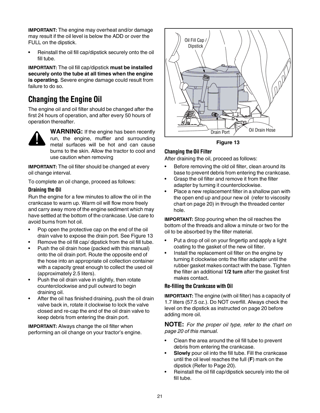 Toro 14AP80RP744 Changing the Engine Oil, Draining the Oil, Changing the Oil Filter, Re-filling the Crankcase with Oil 